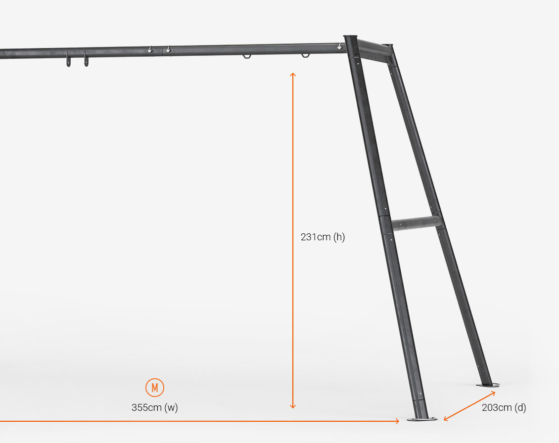 The Vuly Swing Set frame dimensions in centimetres.